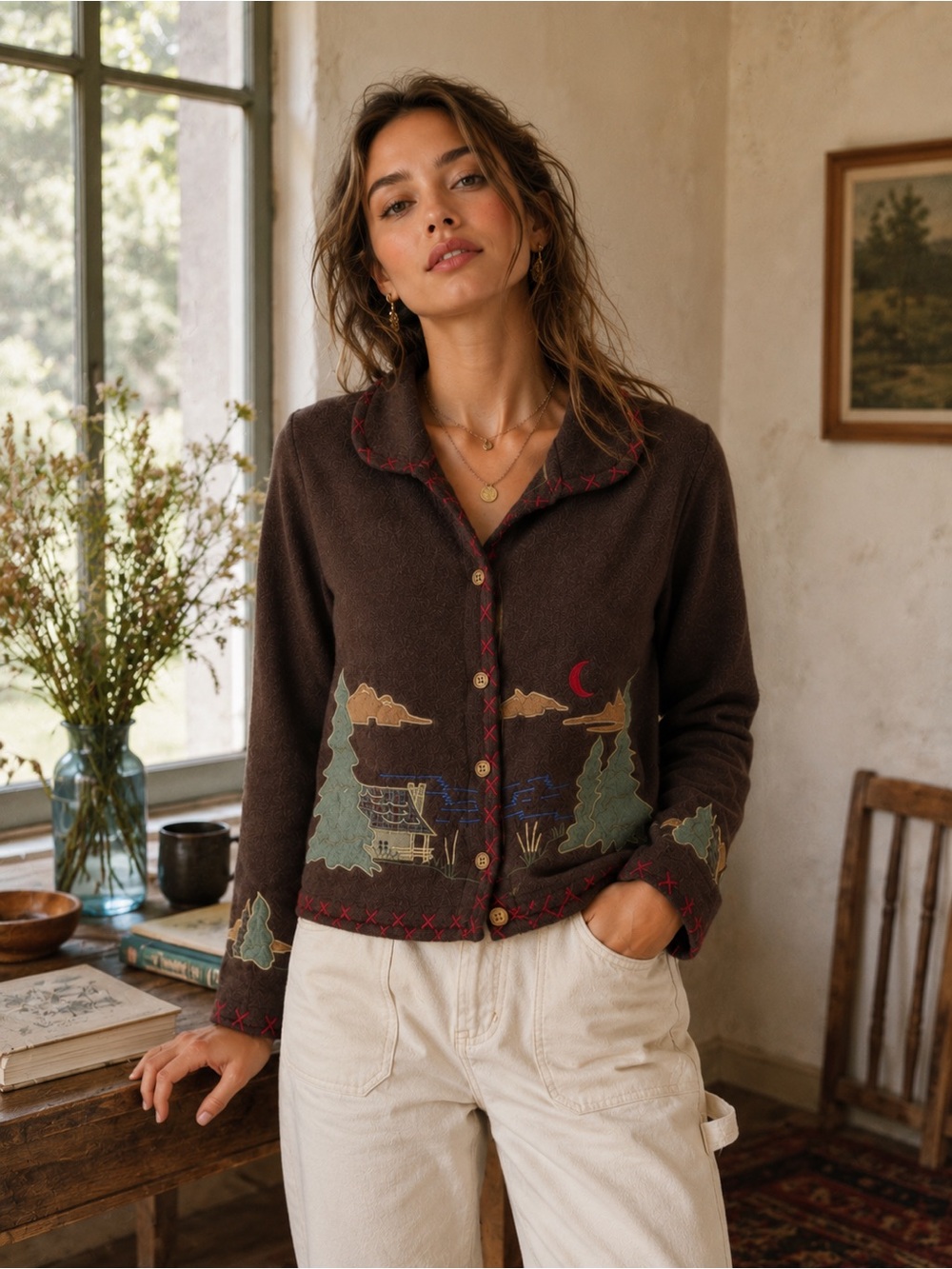 Painted Pony Brown Wool Blend Scenic Cabin Cardigan Western Cottagecore Sweater